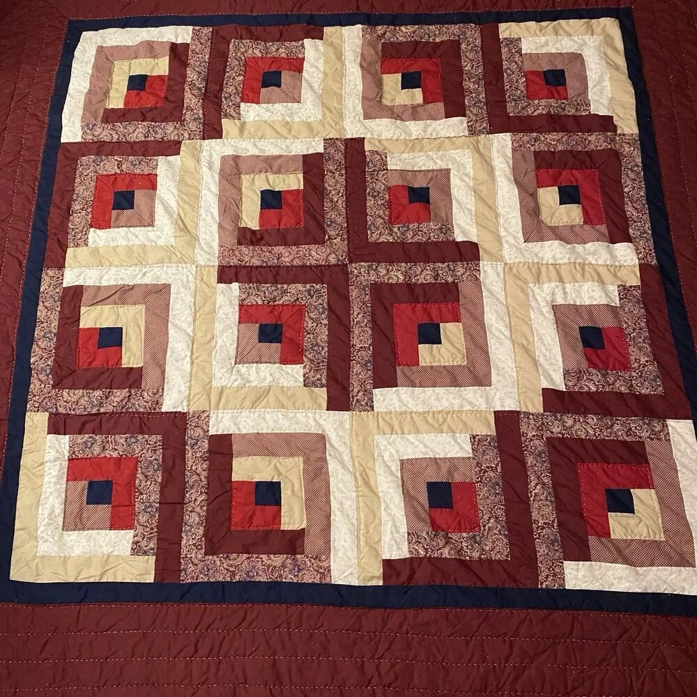 Vintage Hand Stitched Log Cabin Quilt Queen 83x84 Burgundy Navy Farmhouse Decor